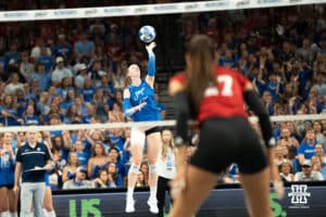 Creighton Bluejay Annalea Maeder (17) serves during a volleyball match against Nebraska on Tuesday, September 16th, 2025 in Omaha, Nebraska. Photo by Brandon Tiedemann.