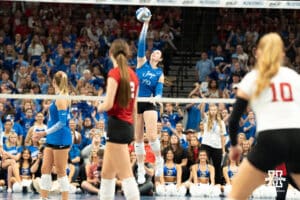 Creighton Bluejay Nora Wurtz (19) serves during a volleyball match against Nebraska on Tuesday, September 16th, 2025 in Omaha, Nebraska. Photo by Brandon Tiedemann.