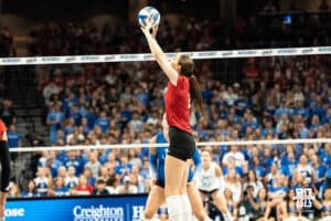 Nebraska Cornhusker Bergen Reilly (2) sets up her teammate during a volleyball match against Creighton on Tuesday, September 16th, 2025 in Omaha, Nebraska. Photo by Brandon Tiedemann.
