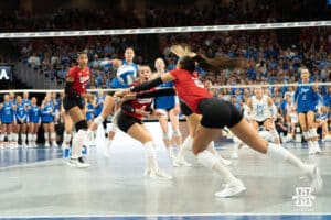Nebraska Cornhusker Harper Murray dives for a ball during a volleyball match against Creighton on Tuesday, September 16th, 2025 in Omaha, Nebraska. Photo by Brandon Tiedemann.