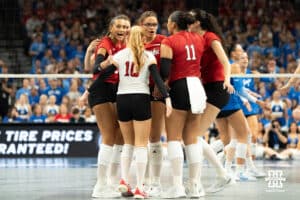 Nebraska Cornhuskers celebrate a kill during a volleyball match against Creighton on Tuesday, September 16th, 2025 in Omaha, Nebraska. Photo by Brandon Tiedemann.