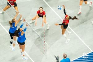 Nebraska Cornhusker Harper Murray (27) looks to spike the ball during a volleyball match against Creighton on Tuesday, September 16th, 2025 in Omaha, Nebraska. Photo by Brandon Tiedemann.