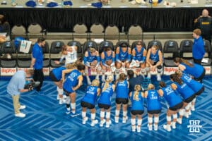 Creighton Bluejays during a timeout against Nebraska on Tuesday, September 16th, 2025 in Omaha, Nebraska. Photo by Brandon Tiedemann.