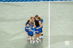 Creighton Bluejays huddle up during a volleyball match against Nebraska on Tuesday, September 16th, 2025 in Omaha, Nebraska. Photo by Brandon Tiedemann.