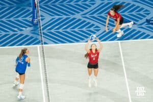 Nebraska Cornhusker Bergen Reilly (2) sets up a kill during a volleyball match against Creighton or on Tuesday, September 16th, 2025 in Omaha, Nebraska. Photo by Brandon Tiedemann.