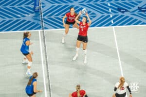 Nebraska Cornhusker Virginia Adriano (9) sets the ball during a volleyball match against Creighton on Tuesday, September 16th, 2025 in Omaha, Nebraska. Photo by Brandon Tiedemann.