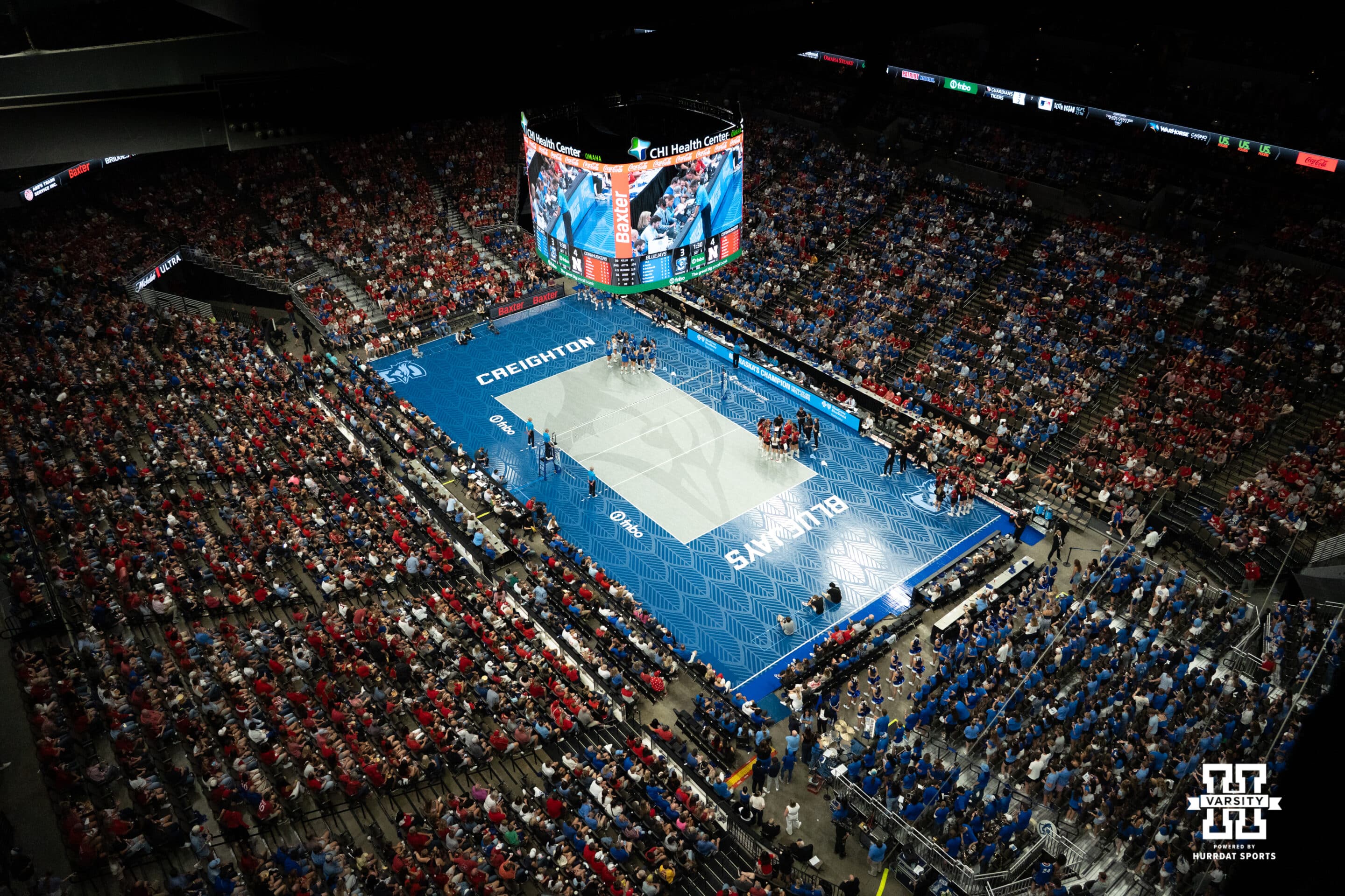 A sold out crowd of 17,675 in the Chi Health Center during a volleyball match against Creighton and Nebraska on Tuesday, September 16th, 2025 in Omaha, Nebraska. Photo by Brandon Tiedemann.