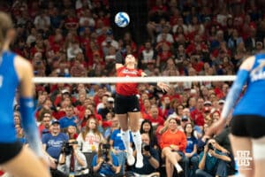 Nebraska Cornhusker Laney Choboy (6) serves the ball during a volleyball match against Creighton on Tuesday, September 16th, 2025 in Omaha, Nebraska. Photo by Brandon Tiedemann.