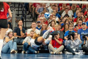 Nebraska Cornhusker Olivia Mauch (10) dives for a ball during a volleyball match against Creighton on Tuesday, September 16th, 2025 in Omaha, Nebraska. Photo by Brandon Tiedemann.