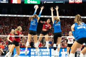 Nebraska Cornhusker Teraya Sigler (11) spikes the ball during a volleyball match against Creighton on Tuesday, September 16th, 2025 in Omaha, Nebraska. Photo by Brandon Tiedemann.