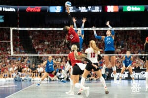 Nebraska Cornhusker Taylor Landfair (12) looks to spike the ball during a volleyball match against Creighton on Tuesday, September 16th, 2025 in Omaha, Nebraska. Photo by Brandon Tiedemann.