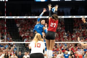 Creighton Bluejay Jaya Johnson (6) looks to get past Harper Murray (27) during a volleyball match against Nebraska on Tuesday, September 16th, 2025 in Omaha, Nebraska. Photo by Brandon Tiedemann.