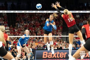 Creighton Bluejay Ava Martin (8) spikes the ball during a volleyball match against Nebraska on Tuesday, September 16th, 2025 in Omaha, Nebraska. Photo by Brandon Tiedemann.