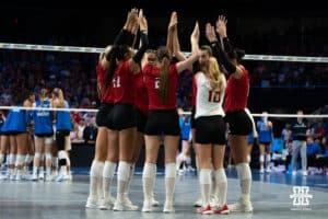 Nebraska Cornhuskers huddle before a volleyball match against Creighton on Tuesday, September 16th, 2025 in Omaha, Nebraska. Photo by Brandon Tiedemann.