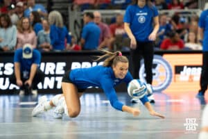 Creighton Bluejay Ava Martin dives for a ball before a volleyball match against Nebraska on Tuesday, September 16th, 2025 in Omaha, Nebraska. Photo by Brandon Tiedemann.