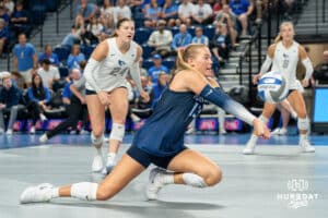Creighton Bluejay Saige Damrow (13) dives for the ball during a volleyball match against Northern Iowa on Sunday, September 14th, 2025 in Omaha, Nebraska. Photo by Brandon Tiedemann.