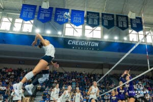 Creighton Bluejay Destiny Ndam-Simpson (18) prepares to spike the ball during a volleyball match against Northern Iowa on Sunday, September 14th, 2025 in Omaha, Nebraska. Photo by Brandon Tiedemann.
