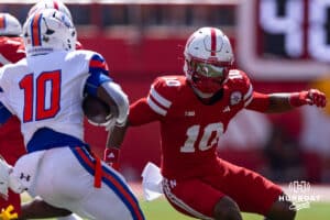 Nebraska Cornhusker Andrew Marshall (10) chases down Houston Christian Husky Darryle Evans (10) in the second quarter during a college football game on Saturday, September 13, 2025, in Lincoln, Nebraska. Photo by John S. Peterson.
