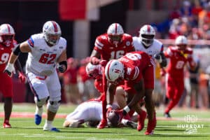 Nebraska Cornhusker Williams Nwaneri (96) pickups a fumble in the second quarter against the Houston Christian Huskies during a college football game on Saturday, September 13, 2025, in Lincoln, Nebraska. Photo by John S. Peterson.