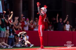 Nebraska Cornhusker Dane Key (6) celebrates scoring a touchdown against the Houston Christian Huskies in the first quarter during a college football game on Saturday, September 13, 2025, in Lincoln, Nebraska. Photo by John S. Peterson.