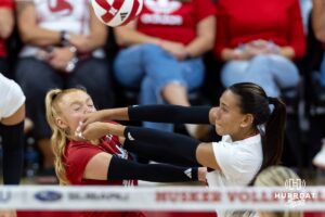 Nebraska Cornhuskers Harper Murray (27) and Olivia Mauch (10) collide going after the ball in the third set during a college volleyball match on Friday, September 12, 2025, in Lincoln, NE. Photo by John S. Peterson.