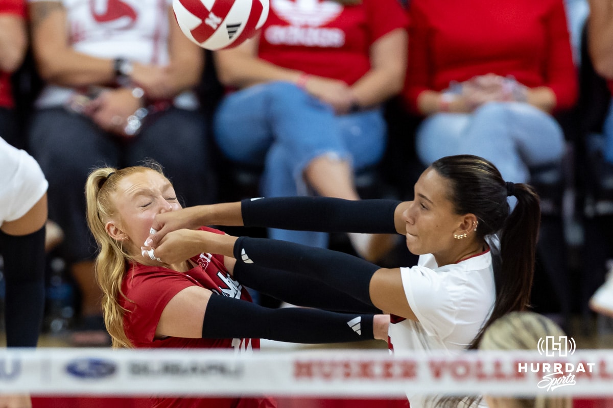 Nebraska Cornhuskers Harper Murray (27) and Olivia Mauch (10) collide going after the ball in the third set during a college volleyball match on Friday, September 12, 2025, in Lincoln, NE. Photo by John S. Peterson.