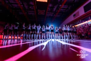 Nebraska Cornhuskers lined up for introductions before taking on the Utah Utes during a college volleybal match on Friday, September 12, 2025, in Lincoln, NE. Photo by John S. Peterson.