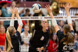 Waverly senior Aubrie Lieman (8) brings the hammer down against two Elkhorn North defenders during a high school volleyball game, Thursday, September 11th, 2025, Waverly, Nebraska. Photo by Braden Cochran.