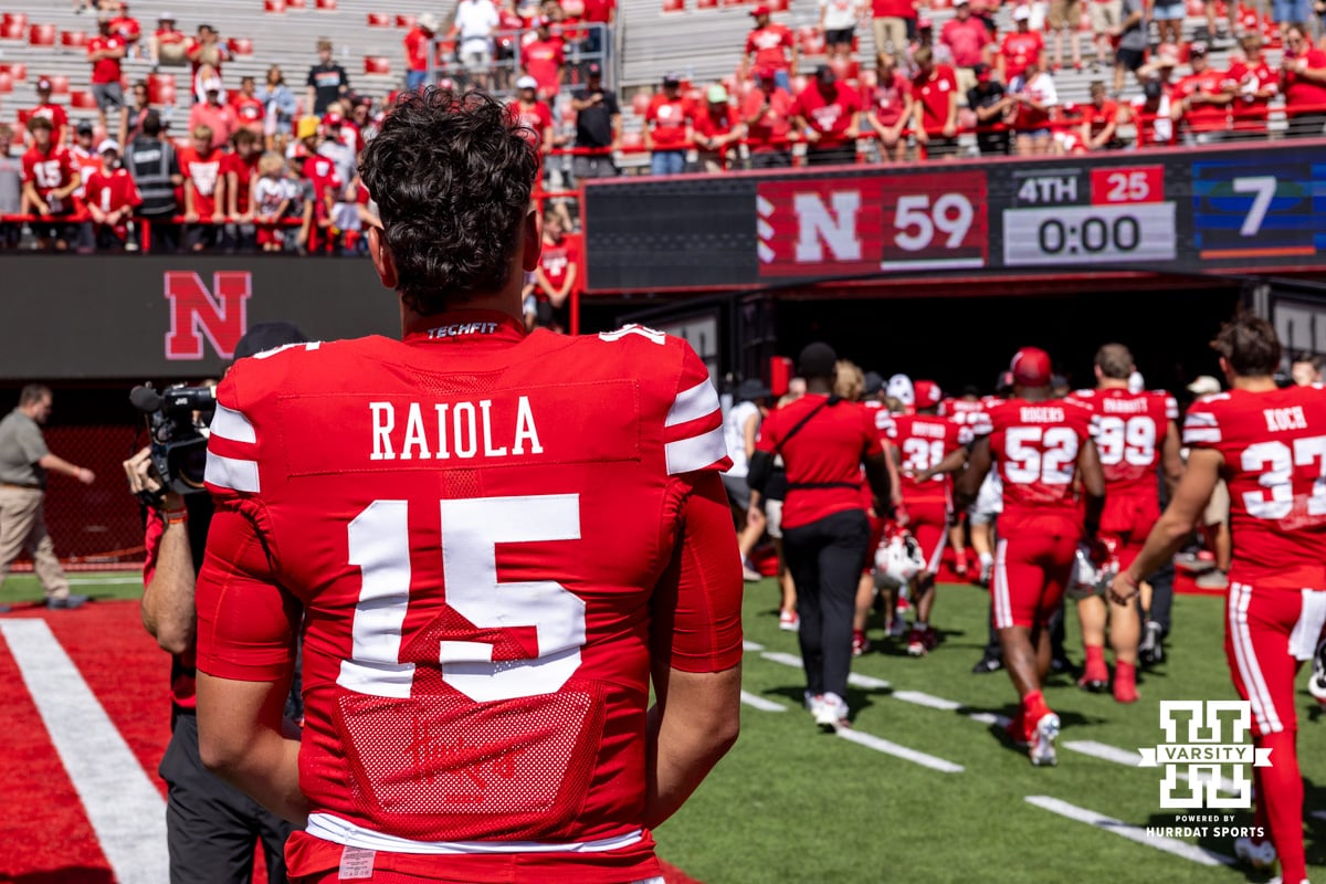 Nebraska Football v Houston Christian | September 13, 2025 Nebraska Cornhusker Dylan Raiola (15) heads back to the locker room after a college football game against the Houston Christian Huskies on Saturday, September 13, 2025, in Lincoln, Nebraska. Photo by John S. Peterson.
