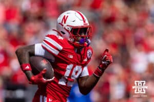 Nebraska Cornhusker Cortez Mills Jr. (19) runs with the ball for a touchdown against the Houston Christian Huskies in the third quarter during a college football game on Saturday, September 13, 2025, in Lincoln, Nebraska. Photo by John S. Peterson.