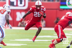 Nebraska Cornhusker Kwinten Ives (28) runs with the ball against the Houston Christian Huskies in the third quarter during a college football game on Saturday, September 13, 2025, in Lincoln, Nebraska. Photo by John S. Peterson.