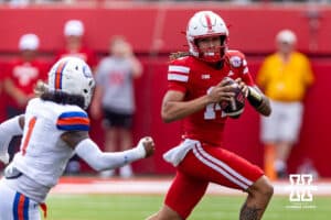Nebraska Cornhusker TJ Lateef (14) scrambles with the ball against the Houston Christian Huskies in the third quarter during a college football game on Saturday, September 13, 2025, in Lincoln, Nebraska. Photo by John S. Peterson.