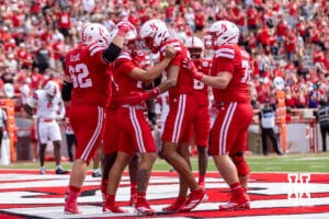Nebraska Cornhusker TJ Lateef (14) celebrates a touchdown in the third quarter against the Houston Christian Huskies during a college football game on Saturday, September 13, 2025, in Lincoln, Nebraska. Photo by John S. Peterson.