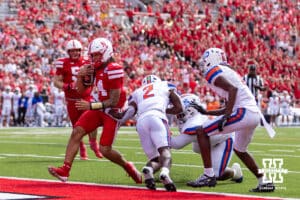 Nebraska Cornhusker TJ Lateef (14) makes a touchdown against the Houston Christian Huskies in the third quarter during a college football game on Saturday, September 13, 2025, in Lincoln, Nebraska. Photo by John S. Peterson.