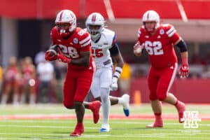 Nebraska Cornhusker Kwinten Ives (28) runs with the ball against the Houston Christian Huskies in the third quarter during a college football game on Saturday, September 13, 2025, in Lincoln, Nebraska. Photo by John S. Peterson.