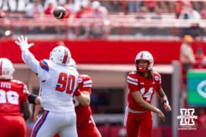 Nebraska Cornhusker TJ Lateef (14) makes a pass against the Houston Christian Huskies in the third quarter during a college football game on Saturday, September 13, 2025, in Lincoln, Nebraska. Photo by John S. Peterson.