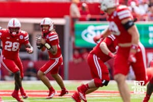 Nebraska Cornhusker TJ Lateef (14) drops back to pass against the Houston Christian Huskies in the third quarter during a college football game on Saturday, September 13, 2025, in Lincoln, Nebraska. Photo by John S. Peterson.