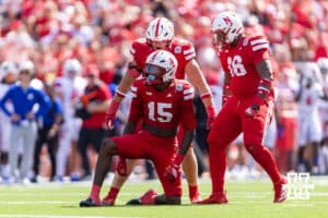 Nebraska Cornhusker Dasan McCullough (15) celebrates a tackle against the Houston Christian Huskies in the second quarter during a college football game on Saturday, September 13, 2025, in Lincoln, Nebraska. Photo by John S. Peterson.