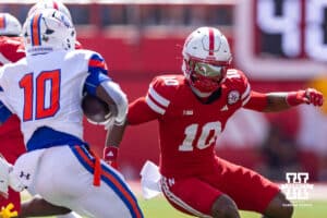 Nebraska Cornhusker Andrew Marshall (10) chases down Houston Christian Husky Darryle Evans (10) in the second quarter during a college football game on Saturday, September 13, 2025, in Lincoln, Nebraska. Photo by John S. Peterson.