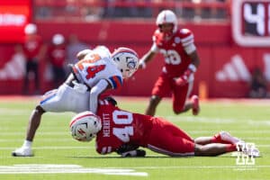 Nebraska Cornhusker Brice Turner (40) makes a tackle on Houston Christian Husky Xai'Shaun Edwards (24) in the second quarter during a college football game on Saturday, September 13, 2025, in Lincoln, Nebraska. Photo by John S. Peterson.
