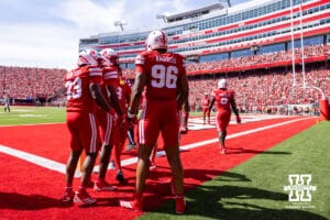 Nebraska Cornhusker Williams Nwaneri (96) celebrates scoring a touchdown during a college football game on Saturday, September 13, 2025, in Lincoln, Nebraska. Photo by John S. Peterson.