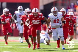 Nebraska Cornhusker Williams Nwaneri (96) runs for a touchdown after picking up a fumble against the Houston Christian Huskies in the second quarter during a college football game on Saturday, September 13, 2025, in Lincoln, Nebraska. Photo by John S. Peterson.