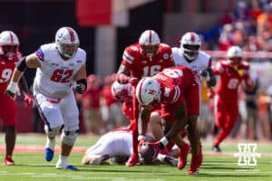 Nebraska Cornhusker Williams Nwaneri (96) pickups a fumble in the second quarter against the Houston Christian Huskies during a college football game on Saturday, September 13, 2025, in Lincoln, Nebraska. Photo by John S. Peterson.