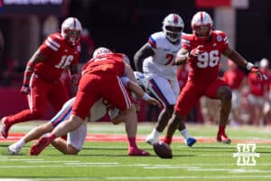 Nebraska Cornhusker Riley Van Poppel (5) causes a fumble in the second quarter against the Houston Christian Huskies during a college football game on Saturday, September 13, 2025, in Lincoln, Nebraska. Photo by John S. Peterson.