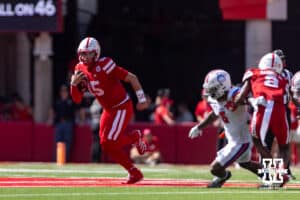 Nebraska Cornhusker Dylan Raiola (15) runs with the ball in the second quarter against the Houston Christian Huskies during a college football game on Saturday, September 13, 2025, in Lincoln, Nebraska. Photo by John S. Peterson.