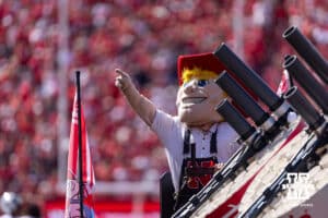 Herbie Husker firing off t-shirt canons at a break in the action against the Houston Christian Huskies during a college football game on Saturday, September 13, 2025, in Lincoln, Nebraska. Photo by John S. Peterson.