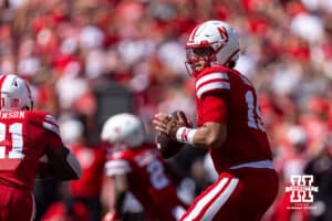Nebraska Cornhusker Dylan Raiola (15) drops back to pass against the Houston Christian Huskies in the first quarter during a college football game on Saturday, September 13, 2025, in Lincoln, Nebraska. Photo by John S. Peterson.