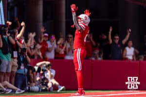 Nebraska Cornhusker Dane Key (6) celebrates scoring a touchdown against the Houston Christian Huskies in the first quarter during a college football game on Saturday, September 13, 2025, in Lincoln, Nebraska. Photo by John S. Peterson.