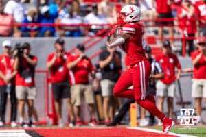 Nebraska Cornhusker Dane Key (6) scores a touchdown in the first quarter against the Houston Christian Huskies during a college football game on Saturday, September 13, 2025, in Lincoln, Nebraska. Photo by John S. Peterson.
