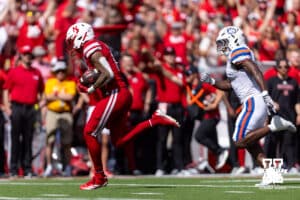 Nebraska Cornhusker Dane Key (6) runs for a touchdown after making a catch against the Houston Christian Huskies in the first quarter during a college football game on Saturday, September 13, 2025, in Lincoln, Nebraska. Photo by John S. Peterson.